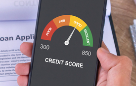 hand holding phone showing a meter with credit scores varying from poor to great